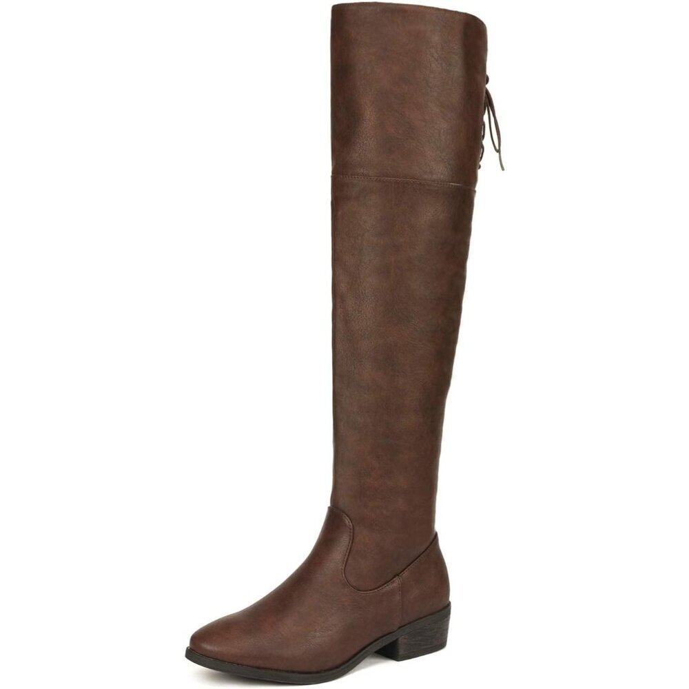 Women's Brown Textile Over The Knee High Low Block Heel Pointed Toe Riding Boots